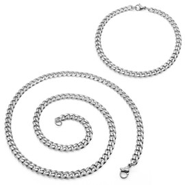Men's Stainless Steel Curb Chain necklace chain bracelet chain king, size: 5 mm Color: silver; selection: chain 60 cm + Bracelet