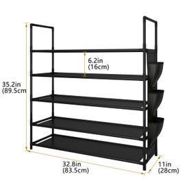 MayDiary 5 Tier Shoe Rack with Side Pocket,Metal Black Shoe Organizer Storage Shelf for 20-25 Pairs,Free Standing Shoe Rack Organizer for Front Door Entryway,Closet,Hallway,Bedroom,Small Spaces
