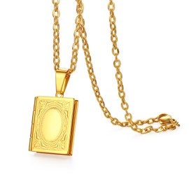 OIDEA Retro Locket Necklace for Men Women: Gold Tone Stainless Steel Memory Book Photo Locket Pendant Necklace Flower Pattern Memorial Lockets Jewelry Gift