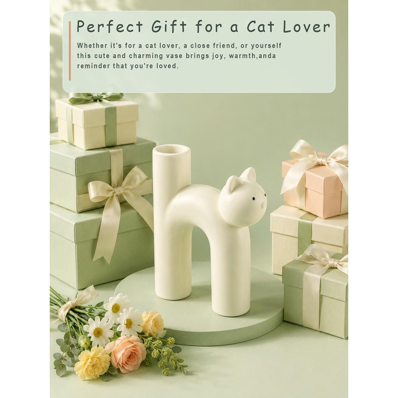 Ceramic Cat Vase, Cute Cat Themed Gifts for Women, Home