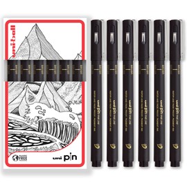 Uni Pin Fineliner Drawing Brush Pens - Brush Nibs - Black Ink - Extra Fine Nib - Pack of 6 - in Gift Box