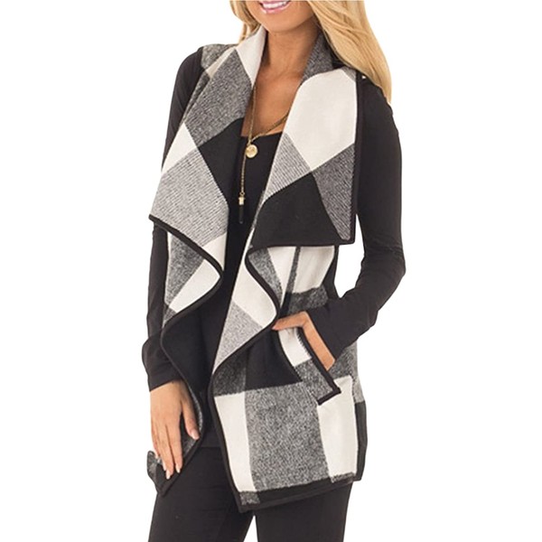 YACUN Women Buffalo Plaid Vest Lapel Open Front Sleeveless Jacket