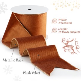 LIZLOVESS Copper Velvet Wired Ribbon with Glitter Back 4 Inch Copper Christmas Ribbon Wired Ribbon for Christmas Tree Decorations, Gift Wrapping, Crafts, Wreaths Supplies, Topper Bows (10 Yards)