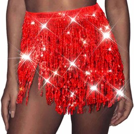 Zoestar Falda de danza del vientre con lentejuelas, bufanda de cadera con flecos para festivales de rave, Rojo -, One Size