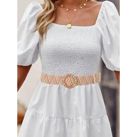 Urieo Round Elastic Woven Belts for women Beaded Colorful Straw Belt Stretch Braided Rattan Raffia Belt