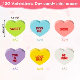 BeYumi 120Pcs Valentine's Day Conversation Heart Mini Erasers for Kids Bulk Assorted Candy Colors Novelty Heart Pencil Eraser School Classroom Prizes Student Homework Rewards Gift Filling Party Favors
