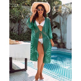 Blooming Jelly Womens Bathing Suit Cover Up 3/4 Sleeve Mesh Swimsuit Coverup Long Floral Beach Lace Kimono Summer Cardigan (One Size, Dark Green)