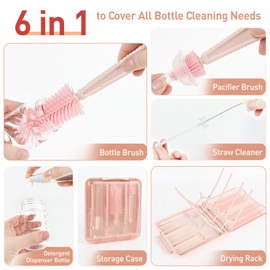 Baby Bottle Brush Set, 6-in-1 Travel Bottle Cleaning Kit with Silicone Bottle Brush, Nipple & Straw Brush, Soap Dispenser, Drying Rack & Storage Box – Compact Baby Essential for Home & On-The-Go