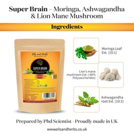 Super Brain- Moringa with Ashwagandha Lion Mane Mushroom- 100% Natural- No Added Fillers or Binders- Boost Your brainpower and Enhance Mental Clarity