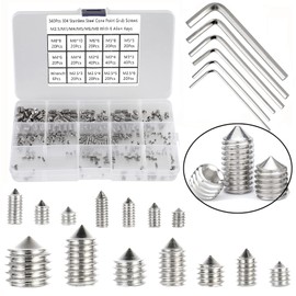 HanTof 340Pcs Metric M2.5/M3/M4/M5/M6/M8 304 Stainless Steel Allen Head Hex Socket Cone Point Set Screws,Internal Hex Drive Grub Screws,Tip Point Headless Set Screw Assortment Kit with 6 Hex Wrenches