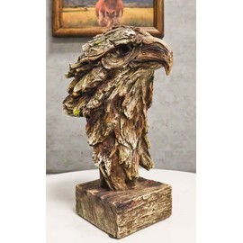 Ebros Gift Faux Wood Carving Resin Rustic Wildlife American Bald Eagle Head Bust Figurine On Base Pedestal Stand Desktop Countertop Shelf Decorative Collectible Statues