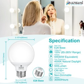 hansang hansang 12 Pack Vanity Light Bulbs for Bathroom, 4000K Natural Daylight E26 Base Round LED Globe Bulb, 60W Equivalent, G25 Bathroom Light Bulb for Makeup Mirror, 120V, CRI85+, 500LM, Non-dimmable