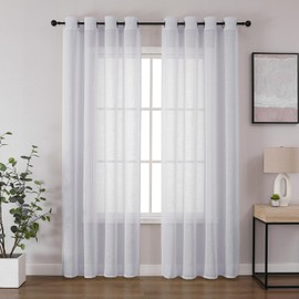 CUCRAF Linen-Look Voile Curtains, with Eyelets, for Bedroom, Living Room, Linen Colour, Set of 2