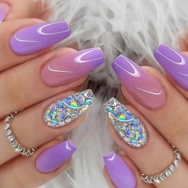 ANDGING Ombre Purple Press on Nails Short Medium Coffin Fake on Nail for Women with Glitter Rhinestone Design Acrylic False Nails Manicure Press on Nail Stick on Nails for Wedding 24Pcs