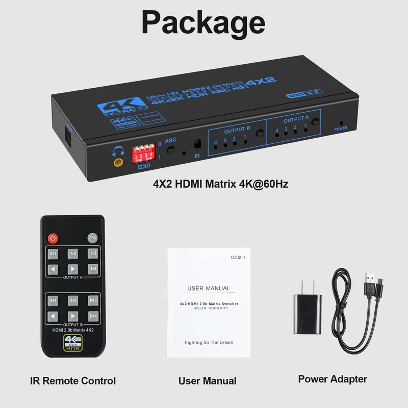 4K@60Hz HDMI Matrix Switch 4X2 with ARC, avedio links 4