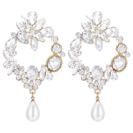 Crystal Cluster Statement Earrings Dangling with Pearl, Wedding Prom Party Marquise Chandelier, Metal, No Gemstone