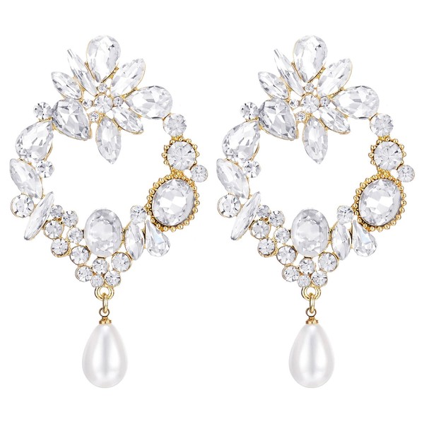 Crystal Cluster Statement Earrings Dangling with Pearl, Wedding Prom Party