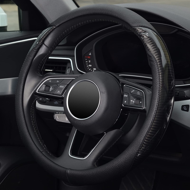 KAFEEK Carbon Fiber Steering Wheel Cover, Universal 15 inch, Anti-Slip,
