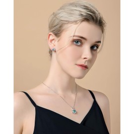 AMYJANE Crystal Jewelry Set for Women - Sterling Silver Round Aquamarine Cubic Zirconia Bridal Pendant Necklace Earrings Set for Wedding Bride Bridesmaids Birthstone Jewelry Sets