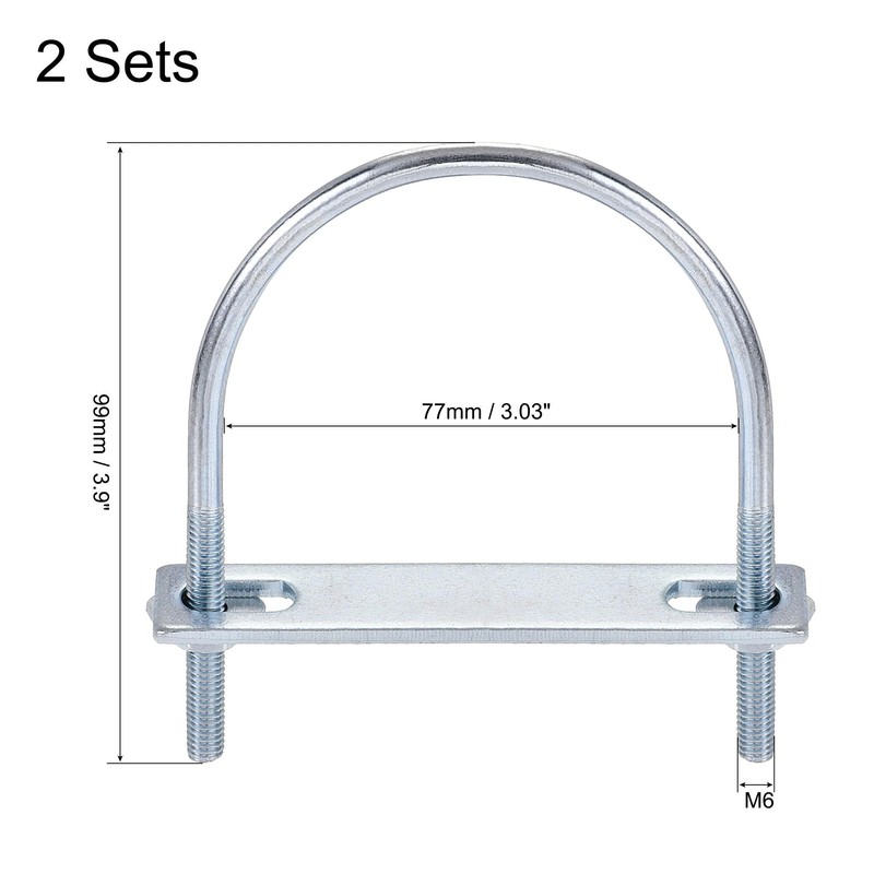 sourcing map Set of 2 round U-bolts steel M6 with