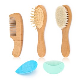 Wooden Natural Goat Bristle Brush and Cradle Cap Comb Set - 5 in 1 Baby Grooming Kit for Newborns, Toddlers, Boys, and Girls (Blue)