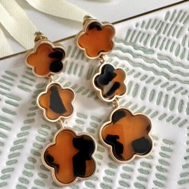 Boutique Brown Tortoiseshell Quatrefoil Earrings French European Chic Jewelry Gift NEW