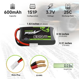 OVONIC 3.7V 25C 600mAh 1S Lipo Battery [1 Package Including 6 Batteries]