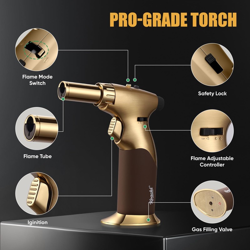 KOACKL Dual Flame Butane Torch Lighter, Refillable Kitchen Torch, Adjustable