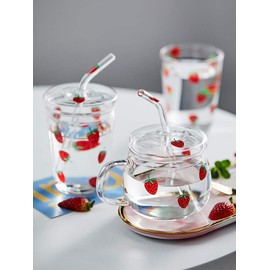 JHNIF 10 Oz Lovely Strawberry Clear Glass Tumbler with Lid and Straw.