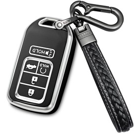 Yonmcfn for honda key fob cover with metal/leather keychain,TPU Key case,compatible with 2021 2022 Accord Civic Crosstour CR-V CR-Z Odyssey Remote smart Key,5 buttons Black