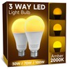 3 Way Light Bulbs 30 70 100W Equivalent, A19 Three Way LED Amber Light Bulbs 2000K, E26 Medium Base, Three Settings for Desk Touch Lamps, Floor Lamps, 2 Pack
