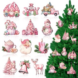 36pcs Pink Vintage Christmas Ornaments, Cute Wooden Pink Ornaments, Christmas Snowman, Christmas Tree, Elk, Santa Claus with Lanyard for Winter Christmas Tree Decoration, Gift Wrap Tag Decoration
