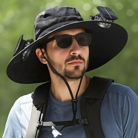 LYRIMEAI Solar Fan Hat for Men, UPF 50+ Wide Brim Bucket Hat with 2 Removable Fans, Cooling Sun Hat for Hiking, Fishing, Outdoor, USB & Solar Powered, Black