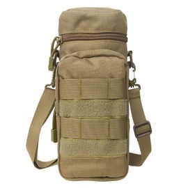 Tactical Military Water Bottle Pouch, 1000D Molle Nylon EDC Water Bottle Carrier with Detachable Shoulder Strap(Two American Flag Patch Optional or Not)-TAN