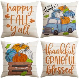 Artscope Fall Decorative Throw Pillow Covers 18x18 Inch Set of 4, Happy Fall Pumpkin Truck Thankful Grateful Blessed Outdoor Farmhouse Pillow Cases for Home Sofa Couch-Orange Beige
