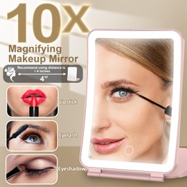 Mocado Travel Makeup Mirror with Light, 1x/10x Magnifying Mirror with Light, 3 Colors Lighted Magnifying Mirror, 2000mAh Rechargeable Lighted Makeup Mirror, Dimmable Touch, Memory Function (Pink)