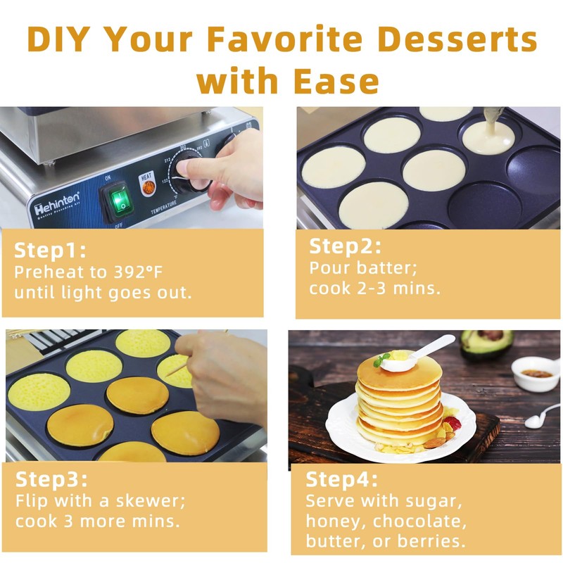 Hehinton® 9-Hole Pancake Maker, Φ76mm Dorayaki Pancake Machine, Temp Control