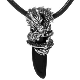 DonDon Men's Leather Necklace 50 cm 19,7" with Dragon Teeth Pendant Stainless Steel Silver in a Velvet Jewellery Pouch