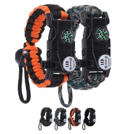 NESAYVER Adjustable Survival Paracord Bracelet, 2 Pack Emergency Fire Starter Kit with Loud Whistle Compass Light Flint Steel for Hiking Fishing Hunting, Tactical Gear Equipment Multitools Cam+Orange