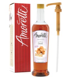 Amoretti - Sugar Free Caramel Syrup, 94 Servings Per Bottle (750 ml), with Pump for Flavoring Coffees, Cocktails, and other Beverages, Gluten Free, GMO/GEO Free, Preservative Free