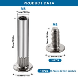 VooGenzek 10 PCS Φ8mm Connecting Bolts With M6 Screws, Furniture Fastener Binding, Nickel Cupboard Joining, for Cabinet Connector, 36-45 mm
