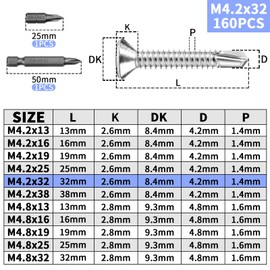 Pack of 160 Self-Tapping Screws Countersunk Head M4.2 x 32 mm Tapping Screws Countersunk Head 410 Stainless Steel Drilling Screws Cross Head Screws Self-Tapping with Two PH1 Bits Metal Screws for