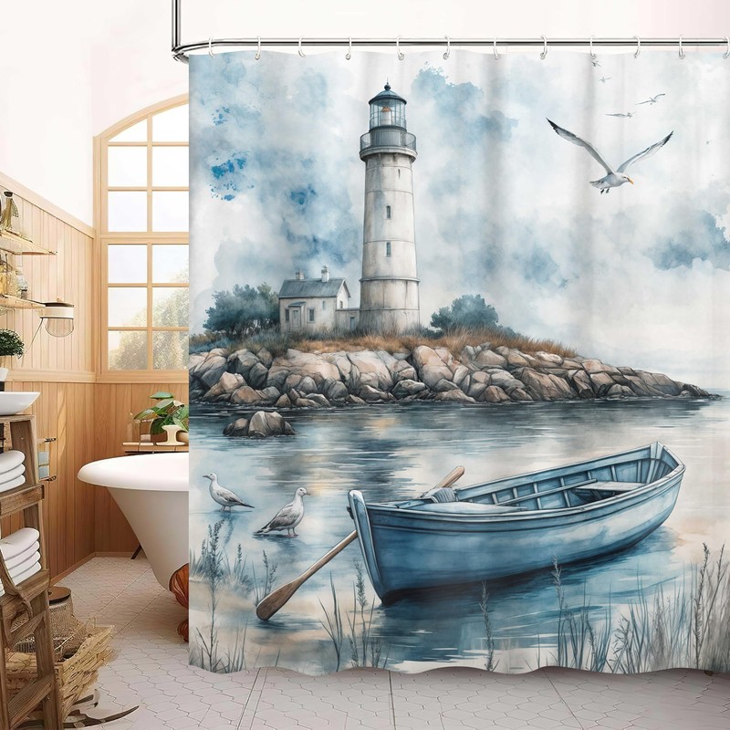 Dizifinn Nautical Coastal Beach Shower Curtain Decor, Ocean Lighthouse Seasides