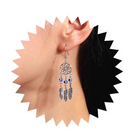 Inilbran Boho Evil Eye Earrings Silver Dream Catcher Drop Earrings Vintage Leaf Feather Dangle Earrings Blue Evil Eye Earrings Jewellery for Women and Girls, Zinc, No Gemstone