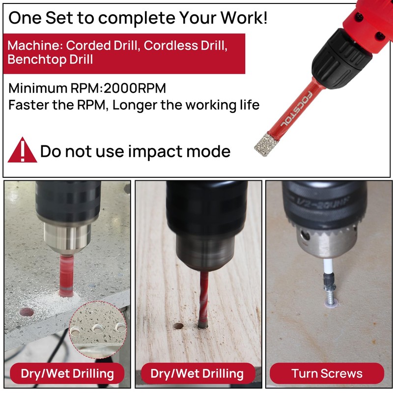 FOCSTOL Diamond Drill Bits Set 10pcs, 3/16''-3/8'' Tile Drill Bit