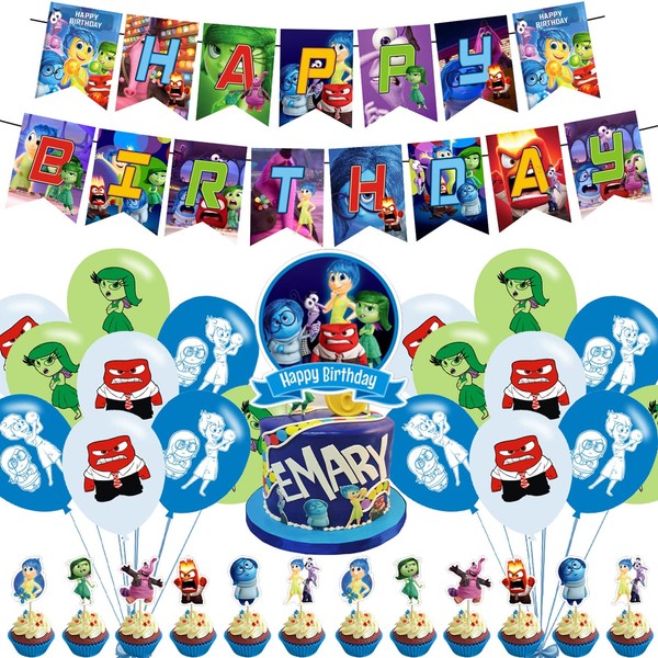 32 Pcs Inside Out Birthday Party Decorations,Party Supply Set for Kids with 1 Happy Birthday Banner Garland , 13 Cupcake Toppers, 18 Balloons for Inside Out Party Decorations
