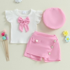 KMBANGI Toddler Baby Girl Skirt Set Ruffle Short Sleeve Bowknot Knitted T-Shirts Skirt Shorts Beret Baby 3Pcs Summer Clothes (Pink, 2-3T)