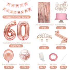 PopularLdo 60th Birthday Decorations Women, Rose Gold 60 Birthday Party Decorations for Women, Happy 60th Birthday Banner, Crown, Sash, Cake Topper and Number Balloon, 60th Birthday Gifts for Women Decorations