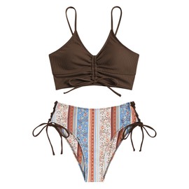 ZAFUL Women V Neck Bikini Set Ruched Tie Front High Waisted Floral Print Ribbed 2 Piece Bathing Suit Swimsuits (Brown Flower, S)