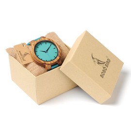 BOBO BIRD Men's Bamboo Wooden Watch with Blue Cowhide Leather Strap Casual Watches for Groomsmen Gift with Box